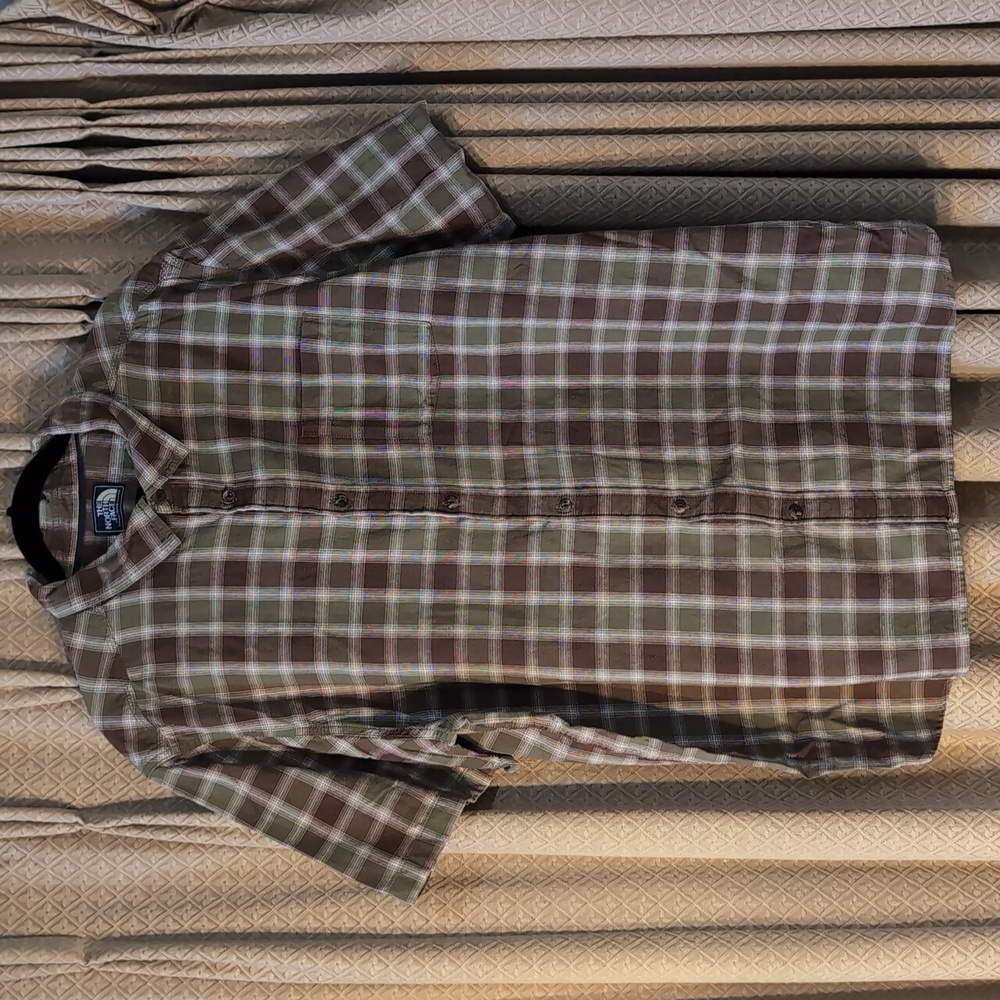 Men's Size XXL The North Face Green Brown Plaid Bottom Down Short Sleeve Shirt